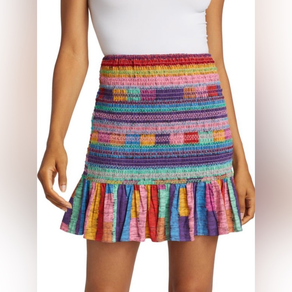Farm Rio Revolve Anthropologie Women’s Smocked Embroidered Stripe Mini Skirt XS
